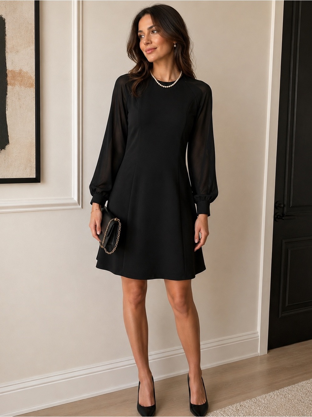 Calvin Klein Black Midi Dress with Sheer Long Sleeves